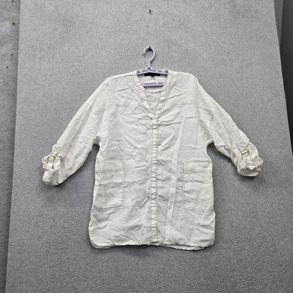 Marc New York Andrew Marc Women Blouse L White Linen Button  V-Neck
